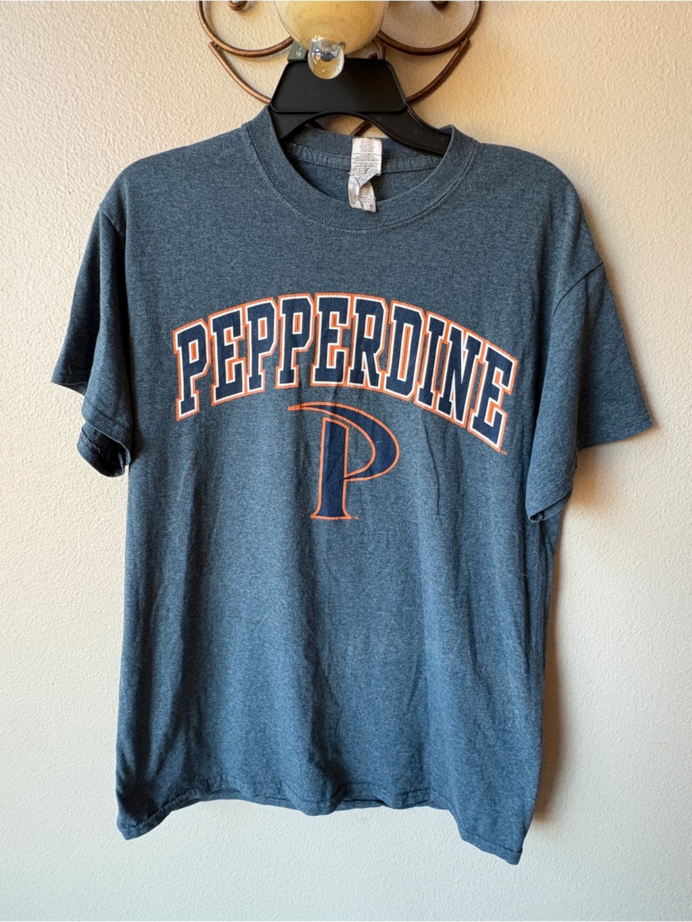 Pepperdine Short Sleeve Crewneck Tee in Dark Gray with Orange Print Size Medium